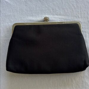 Vintage La Regale Elegant Black Satin Clutch with Silver Chain Rhinestone clasp
